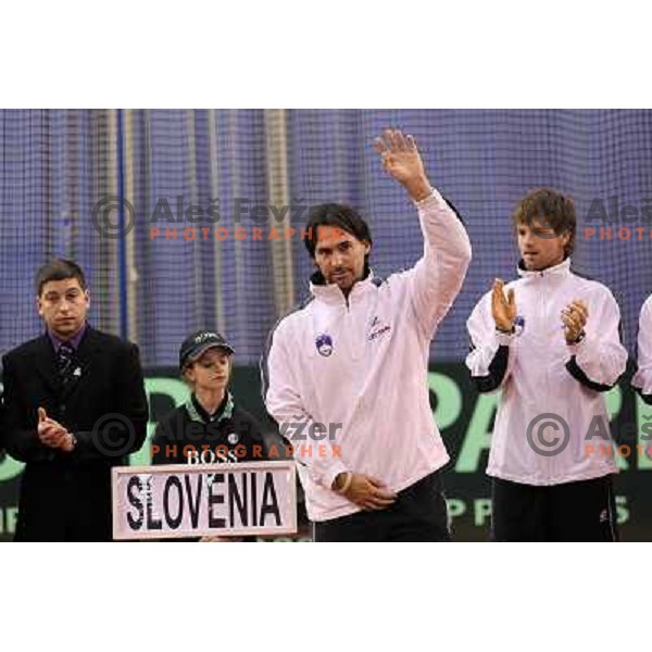 Captain Blaz Trupej, Blaz Kavcic of Slovenia team before start of Davis Cup match Slovenia- Finnland , played in Hala Tivoli, Ljubljana, Slovenia on March 4, 2011 