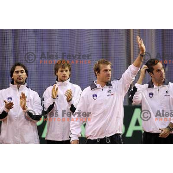 Captain Blaz Trupej, Blaz Kavcic, Grega Zemlja of Slovenia team before start of Davis Cup match Slovenia- Finnland , played in Hala Tivoli, Ljubljana, Slovenia on March 4, 2011 