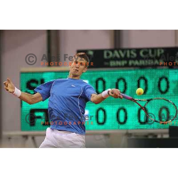 Jarkko Nieminen of Finnland in action during singles match at day 1 of Davis Cup match Slovenia- Finnland , played in Hala Tivoli, Ljubljana, Slovenia on March 4, 2011 