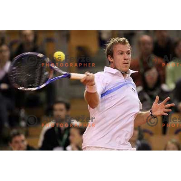 Grega Zemlja in action during singles match at day 1 of Davis Cup match Slovenia- Finnland , played in Hala Tivoli, Ljubljana, Slovenia on March 4, 2011 