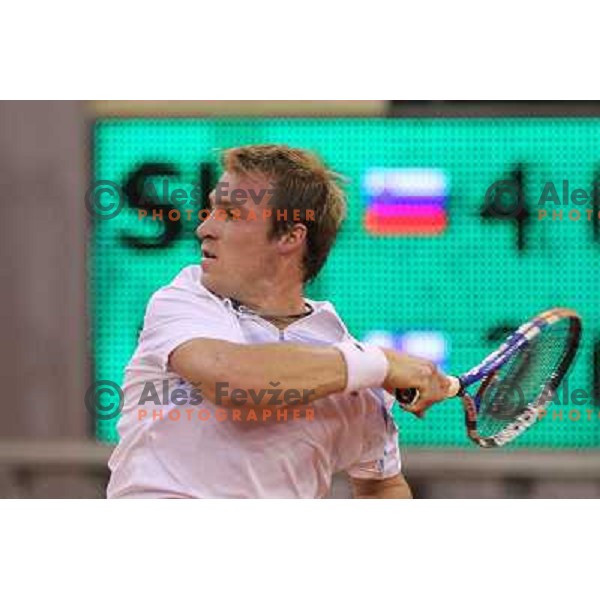 Grega Zemlja in action during singles match at day 1 of Davis Cup match Slovenia- Finnland , played in Hala Tivoli, Ljubljana, Slovenia on March 4, 2011 