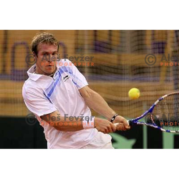 Grega Zemlja in action during singles match at day 1 of Davis Cup match Slovenia- Finnland , played in Hala Tivoli, Ljubljana, Slovenia on March 4, 2011 