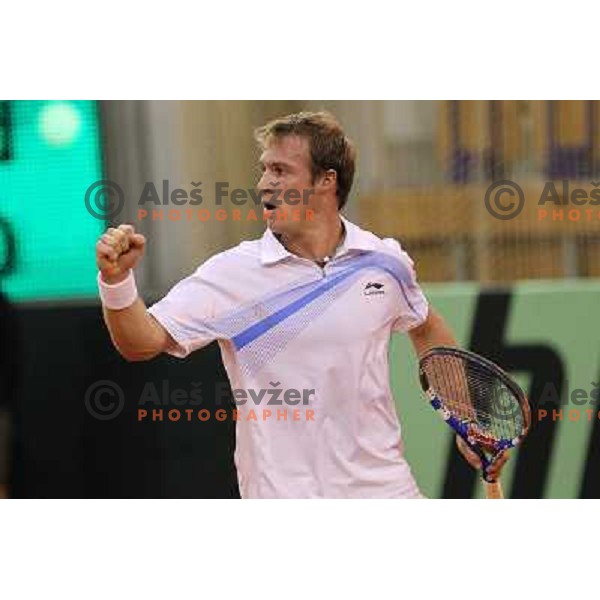 Grega Zemlja in action during singles match at day 1 of Davis Cup match Slovenia- Finnland , played in Hala Tivoli, Ljubljana, Slovenia on March 4, 2011 
