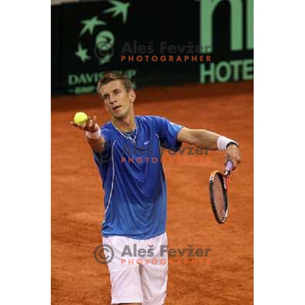 Jarkko Nieminen of Finnland in action during singles match at day 1 of Davis Cup match Slovenia- Finnland , played in Hala Tivoli, Ljubljana, Slovenia on March 4, 2011 
