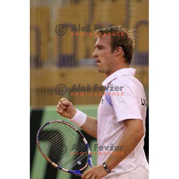 Grega Zemlja of Slovenia in action during singles match at day 1 of Davis Cup match Slovenia- Finnland , played in Hala Tivoli, Ljubljana, Slovenia on March 4, 2011 