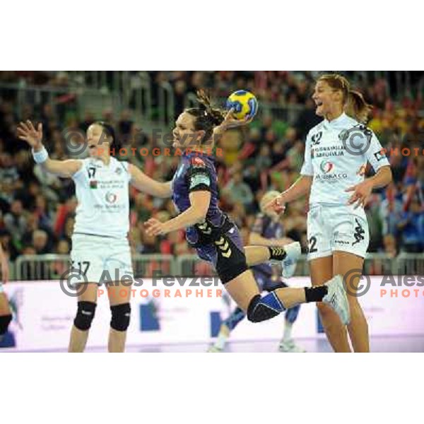 Bojana Popovic, Ariane Grosmann, Katarina Bulatovic in action at the handball game RK Krim Mercator Ljubljana - Buducnost Podgorica, played in the Women\'s EHF Champions league main round, 04.03.2011 , Stozice Arena, Ljubljana, 