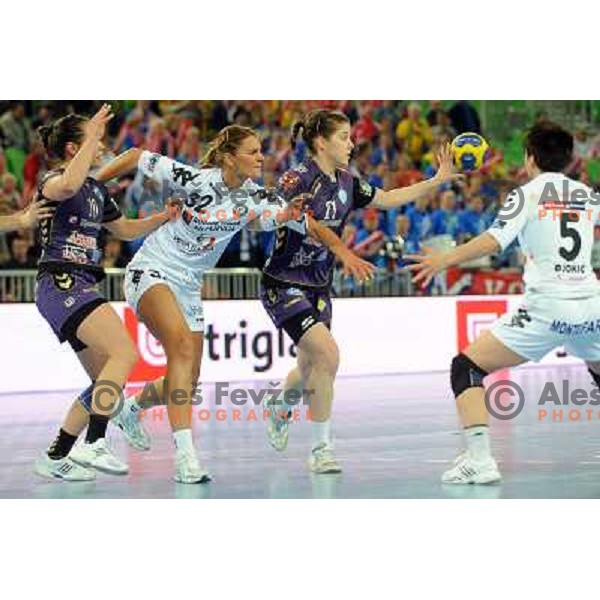 Ariane Grosmann, Katarina Bulatovic, Alja Jankovic in action at the handball game RK Krim Mercator Ljubljana - Buducnost Podgorica, played in the Women\'s EHF Champions league main round, 04.03.2011 , Stozice Arena, Ljubljana, 