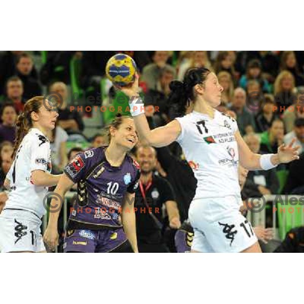 Ariane Grosmann, Bojana Popovic in action at the handball game RK Krim Mercator Ljubljana - Buducnost Podgorica, played in the Women\'s EHF Champions league main round, 04.03.2011 , Stozice Arena, Ljubljana, 