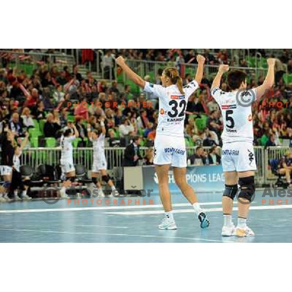 Buducnost players in action at the handball game RK Krim Mercator Ljubljana - Buducnost Podgorica, played in the Women\'s EHF Champions league main round, 04.03.2011 , Stozice Arena, Ljubljana, 