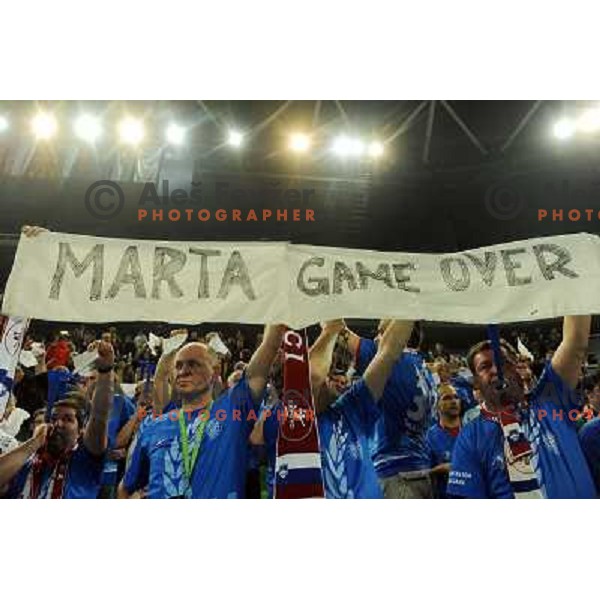 Krim fans in action at the handball game RK Krim Mercator Ljubljana - Buducnost Podgorica, played in the Women\'s EHF Champions league main round, 04.03.2011 , Stozice Arena, Ljubljana, 
