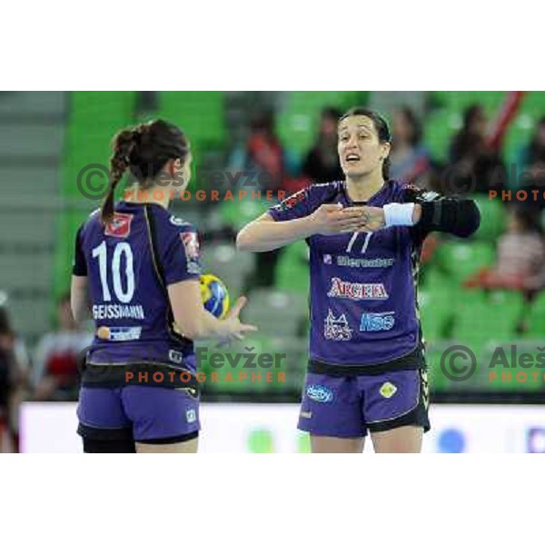 Ariane Grosmann, Andrea Lekic in action at the handball game RK Krim Mercator Ljubljana - Buducnost Podgorica, played in the Women\'s EHF Champions league main round, 04.03.2011 , Stozice Arena, Ljubljana, 
