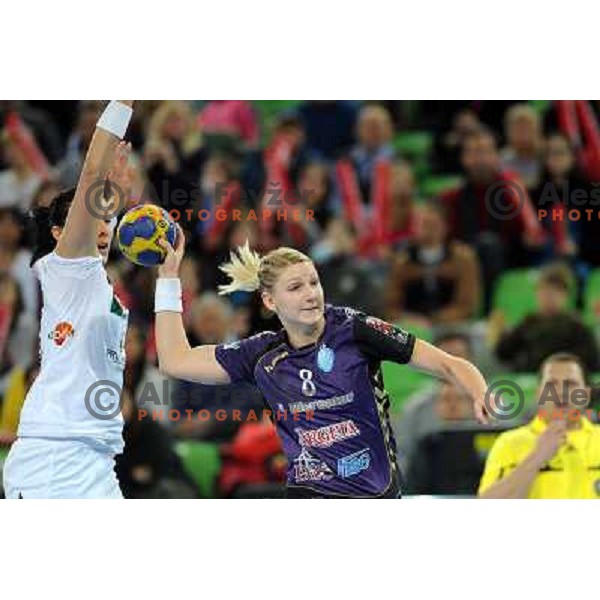Bojana Popovic, Tamara Mavsar in action at the handball game RK Krim Mercator Ljubljana - Buducnost Podgorica, played in the Women\'s EHF Champions league main round, 04.03.2011 , Stozice Arena, Ljubljana, 