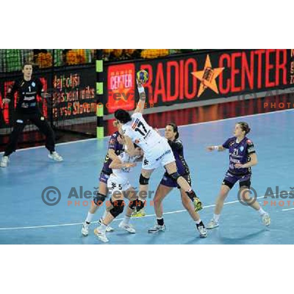 Bojana Popovic, Andrea Lekic in action at the handball game RK Krim Mercator Ljubljana - Buducnost Podgorica, played in the Women\'s EHF Champions league main round, 04.03.2011 , Stozice Arena, Ljubljana, 