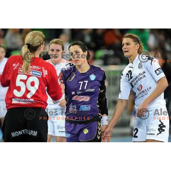 Andrea Lekic, Katarina Bulatovic in action at the handball game RK Krim Mercator Ljubljana - Buducnost Podgorica, played in the Women\'s EHF Champions league main round, 04.03.2011 , Stozice Arena, Ljubljana, 