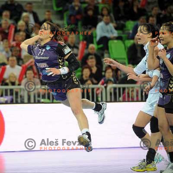 Andrea Lekic, Bojana Popovic, Ariane Grosmann in action at the handball game RK Krim Mercator Ljubljana - Buducnost Podgorica, played in the Women\'s EHF Champions league main round, 04.03.2011 , Stozice Arena, Ljubljana, 