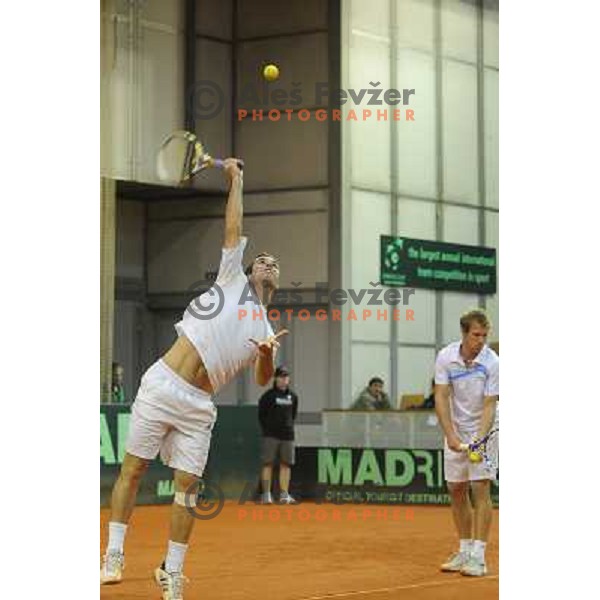 Luka Gregorc and Grega Zemlja of Slovenia in action during doubles match at day 1 of Davis Cup match Slovenia- Finland , played in Hala Tivoli, Ljubljana, Slovenia on March 5, 2011 