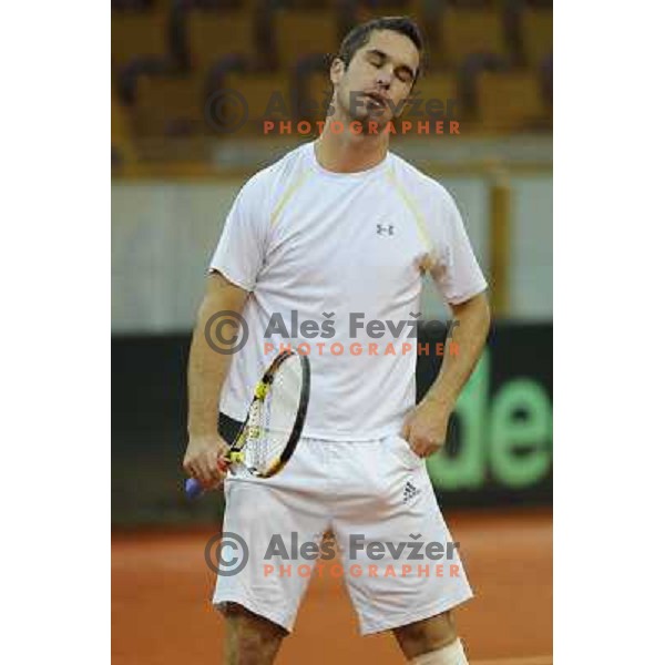 Luka Gregorc of Slovenia in action during doubles match at day 1 of Davis Cup match Slovenia- Finland , played in Hala Tivoli, Ljubljana, Slovenia on March 5, 2011 