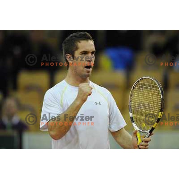 Luka Gregorc of Slovenia in action during doubles match at day 1 of Davis Cup match Slovenia- Finland , played in Hala Tivoli, Ljubljana, Slovenia on March 5, 2011 