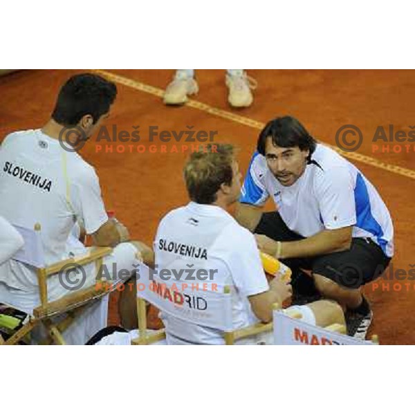 Luka Gregorc and Grega Zemlja of Slovenia in action during doubles match at day 1 of Davis Cup match Slovenia- Finland , played in Hala Tivoli, Ljubljana, Slovenia on March 5, 2011 