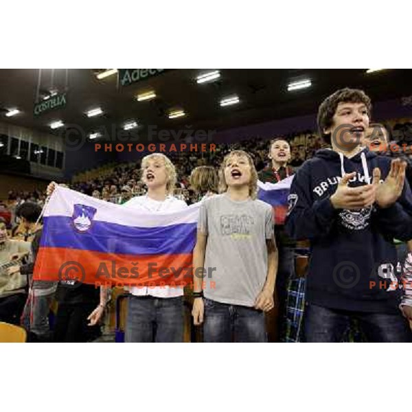 Coach Ziga Janskovec, Blaz Kavcic, Luka Gregorc, Grega Zemlja, Captain Blaz Trupej and players and staff of Slovenia celebrate victory 3:2 in Davis Cup match Slovenia- Finland, played in Hala Tivoli, Ljubljana, Slovenia on March 6, 2011 