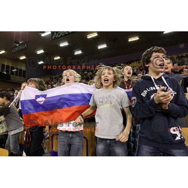 Coach Ziga Janskovec, Blaz Kavcic, Luka Gregorc, Grega Zemlja, Captain Blaz Trupej and players and staff of Slovenia celebrate victory 3:2 in Davis Cup match Slovenia- Finland, played in Hala Tivoli, Ljubljana, Slovenia on March 6, 2011 