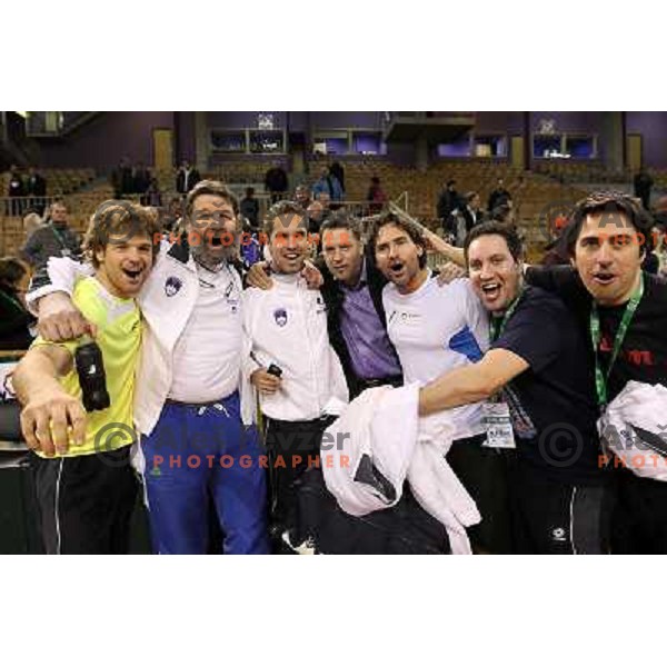 Coach Ziga Janskovec, Blaz Kavcic, Luka Gregorc, Grega Zemlja, Captain Blaz Trupej and players and staff of Slovenia celebrate victory 3:2 in Davis Cup match Slovenia- Finland, played in Hala Tivoli, Ljubljana, Slovenia on March 6, 2011 