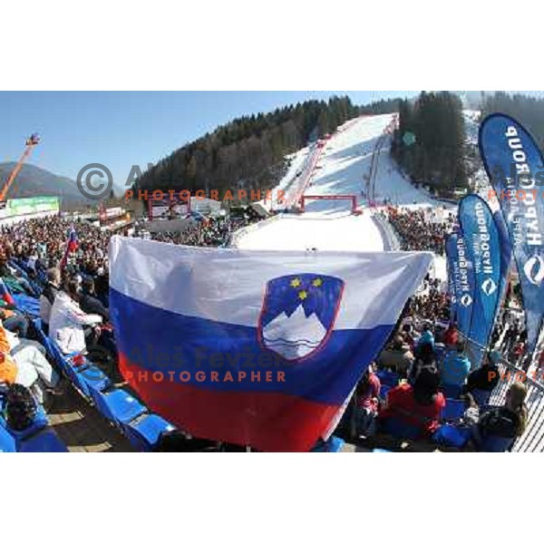  Fans in the finish area during second run of Audi FIS World Cup Giant Slalom for 50 Vitranc Cup in Kranjska Gora, Slovenia on March 5, 2011 