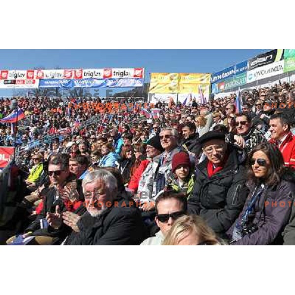  Fans in the finish area during second run of Audi FIS World Cup Giant Slalom for 50 Vitranc Cup in Kranjska Gora, Slovenia on March 5, 2011 