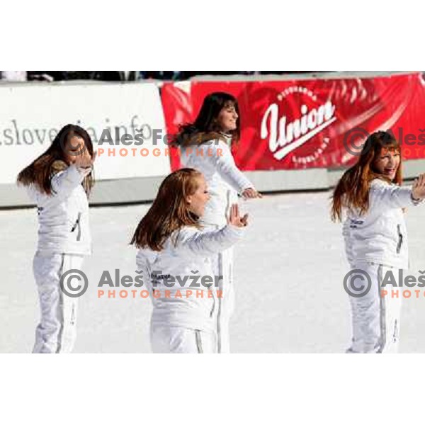 Hypo Ladies perform in the finish area during second run of Audi FIS World Cup Giant Slalom for 50 Vitranc Cup in Kranjska Gora, Slovenia on March 5, 2011 