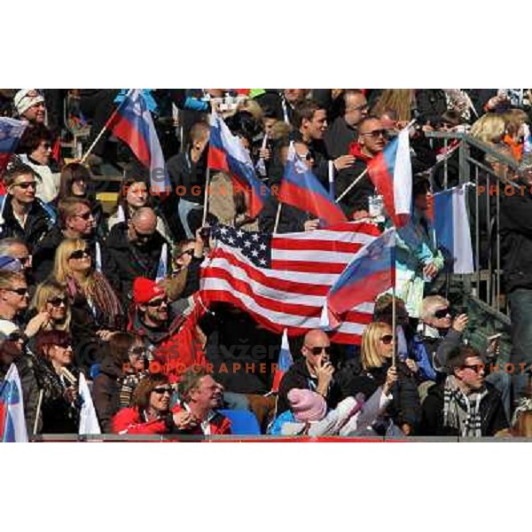  Fans in the finish area during second run of Audi FIS World Cup Giant Slalom for 50 Vitranc Cup in Kranjska Gora, Slovenia on March 5, 2011 