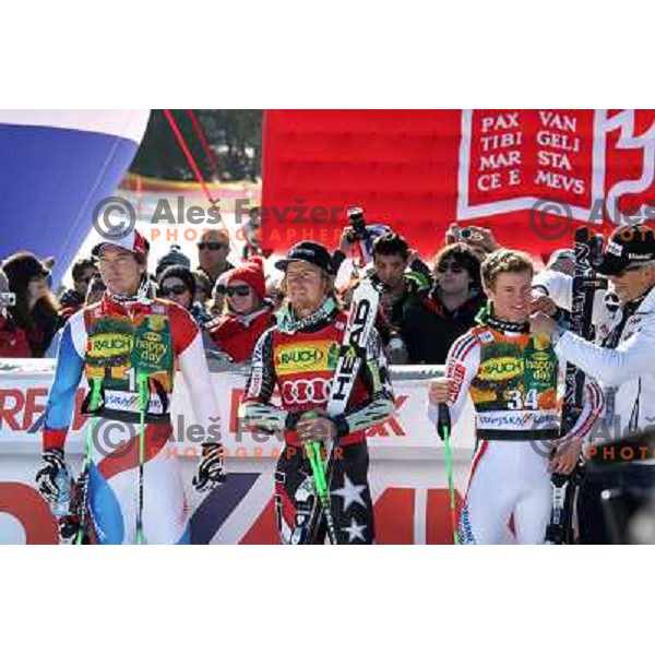Janka, Ligety, Pinturault after second run of Audi FIS World Cup Giant Slalom for 50 Vitranc Cup in Kranjska Gora, Slovenia on March 5, 2011 