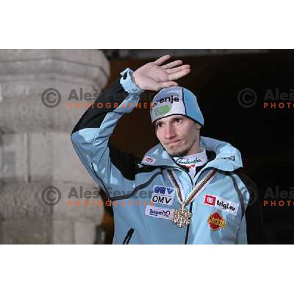 Robi Kranjec of Slovenia with bronze medal from Ski jumping team event at 2010 Oslo Nordic World Championships at official reception in front of Ljubljana Town Hall, Slovenia on March 8, 2011 