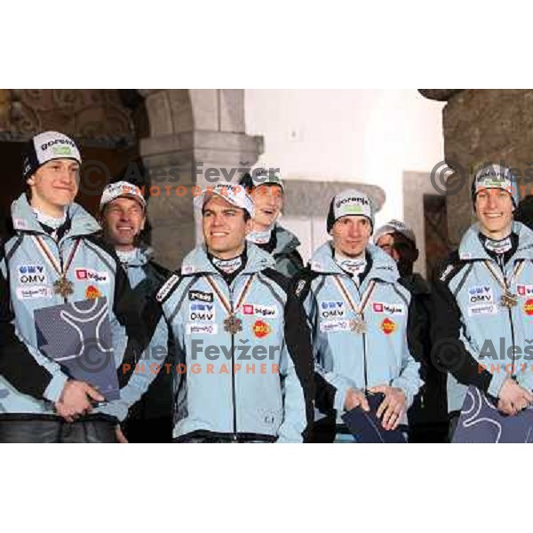 Peter Prevc, Jernej Damjan, Robi Kranjec, Jurij Tepes -Medal winners from Slovenia at 2010 Oslo Nordic World Championships at official reception in front of Ljubljana Town Hall, Slovenia on March 8, 2011 