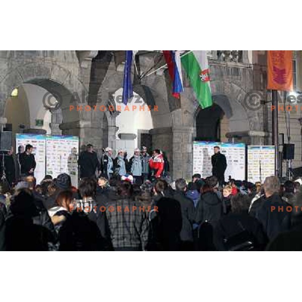Medal winners from Slovenia at 2010 Oslo Nordic World Championships at official reception in front of Ljubljana Town Hall, Slovenia on March 8, 2011 