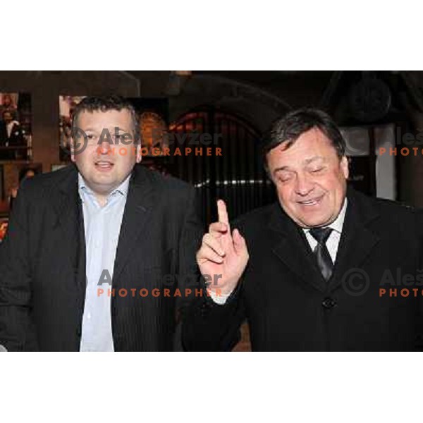 Tomaz Lovse and Zoran Jankovic, Mayor of Ljubljana after 2010 Oslo Nordic World Championships at official reception in front of Ljubljana Town Hall, Slovenia on March 8, 2011 