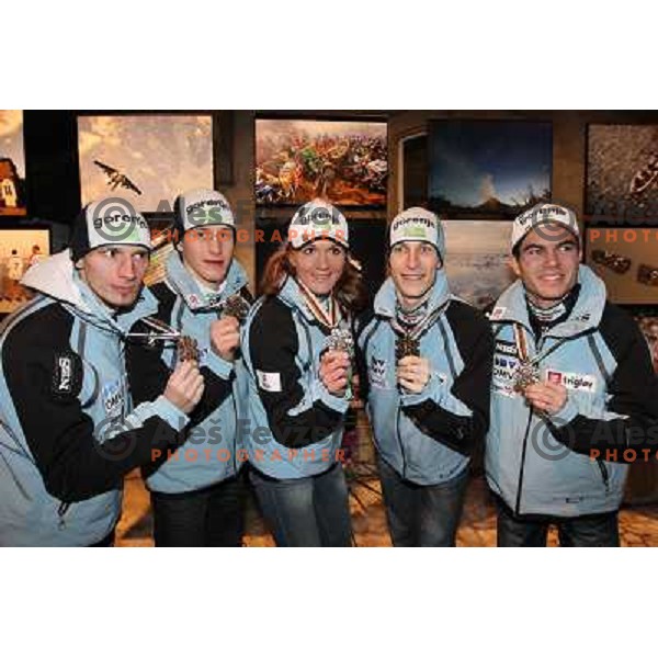Medal winners from Slovenia at 2010 Oslo Nordic World Championships at official reception in front of Ljubljana Town Hall, Slovenia on March 8, 2011 