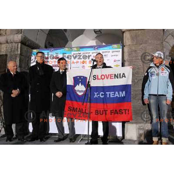 Medal winners from Slovenia at 2010 Oslo Nordic World Championships at official reception in front of Ljubljana Town Hall, Slovenia on March 8, 2011 