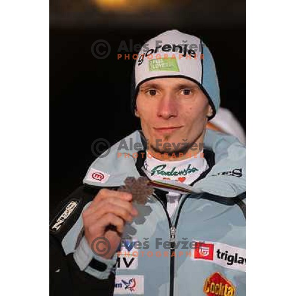 Robi Kranjec of Slovenia with bronze medal from Ski jumping team event at 2010 Oslo Nordic World Championships at official reception in front of Ljubljana Town Hall, Slovenia on March 8, 2011 