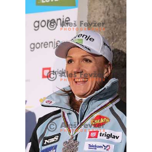 Petra Majdic of Slovenia with bronze medal from Ladies free sprint event at 2010 Oslo Nordic World Championships at official reception in front of Ljubljana Town Hall, Slovenia on March 8, 2011 