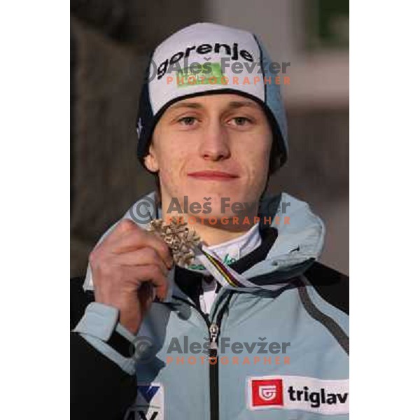 Peter Prevc of Slovenia with bronze medal from Ski jumping team event at 2010 Oslo Nordic World Championships at official reception in front of Ljubljana Town Hall, Slovenia on March 8, 2011 