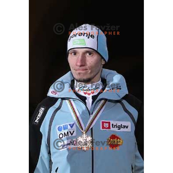 Robi Kranjec of Slovenia with bronze medal from Ski jumping team event at 2010 Oslo Nordic World Championships at official reception in front of Ljubljana Town Hall, Slovenia on March 8, 2011 
