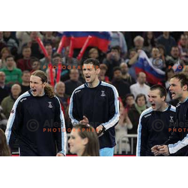 David Miklavcic, Nenad Bilbija, Uros Zorman of Slovenia in action during handball match Slovenia-Poland in first leg of qualification for EHF Handball Euro 2012, played in front of 12.000 spectators in Stozice, Ljubljana, Slovenia on march 9, 2011 