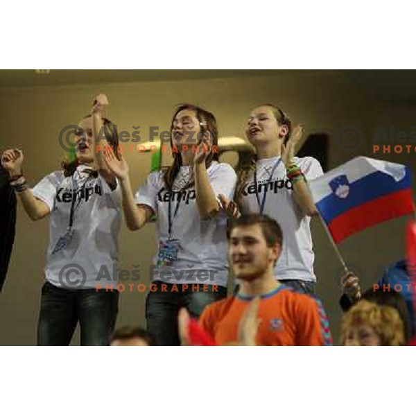 Fans of Slovenia in action during handball match Slovenia-Poland in first leg of qualification for EHF Handball Euro 2012, played in front of 12.000 spectators in Stozice, Ljubljana, Slovenia on march 9, 2011 