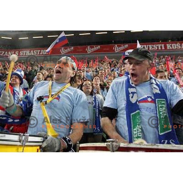 Fans of Slovenia in action during handball match Slovenia-Poland in first leg of qualification for EHF Handball Euro 2012, played in front of 12.000 spectators in Stozice, Ljubljana, Slovenia on march 9, 2011 