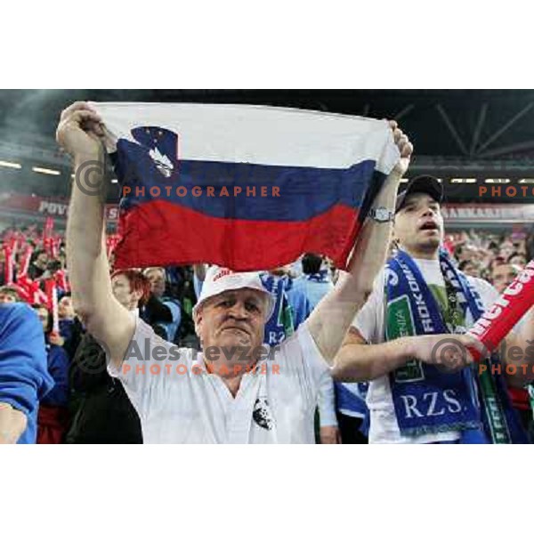 Fan of Slovenia celebrates victory after handball match Slovenia-Poland in first leg of qualification for EHF Handball Euro 2012, played in front of 12.000 spectators in Stozice, Ljubljana, Slovenia on march 9, 2011 