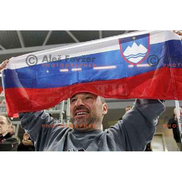 Fan of Slovenia celebrates victory after handball match Slovenia-Poland in first leg of qualification for EHF Handball Euro 2012, played in front of 12.000 spectators in Stozice, Ljubljana, Slovenia on march 9, 2011 