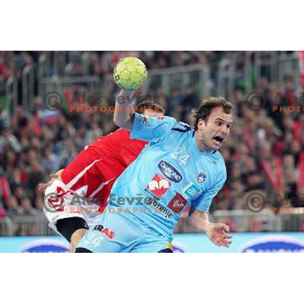  Uros Zorman of Slovenia in action during handball match Slovenia-Poland in first leg of qualification for EHF Handball Euro 2012, played in front of 12.000 spectators in Stozice, Ljubljana, Slovenia on march 9, 2011 