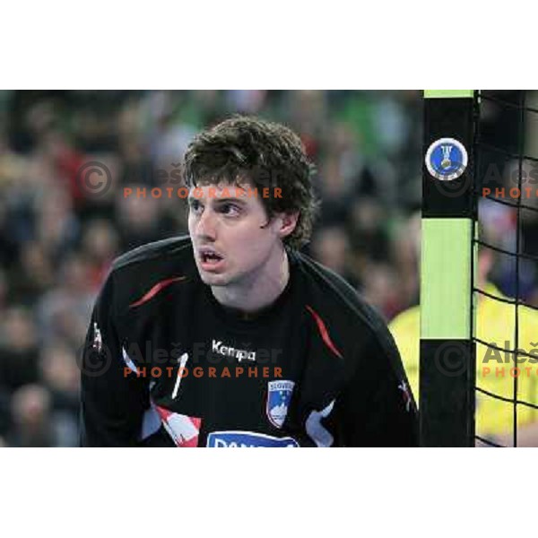 Matevz Skok of Slovenia in action during handball match Slovenia-Poland in first leg of qualification for EHF Handball Euro 2012, played in front of 12.000 spectators in Stozice, Ljubljana, Slovenia on march 9, 2011 