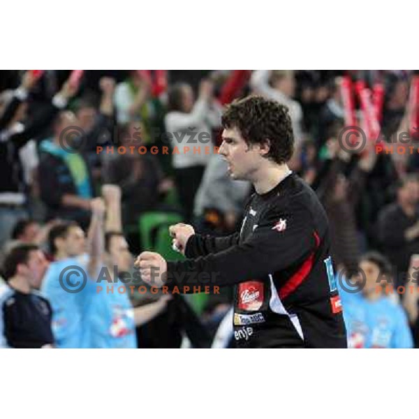 Matevz Skok of Slovenia in action during handball match Slovenia-Poland in first leg of qualification for EHF Handball Euro 2012, played in front of 12.000 spectators in Stozice, Ljubljana, Slovenia on march 9, 2011 