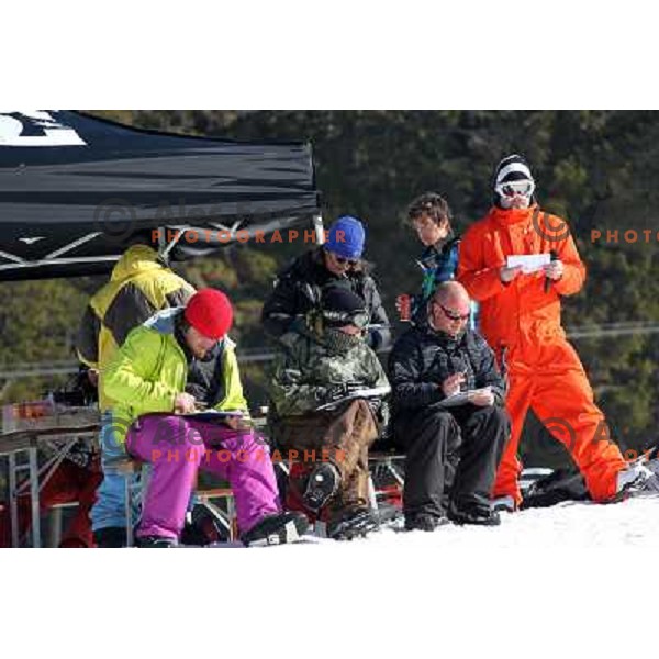 Judges in action during Snowboard FIS Europa Cup Big Air competition at Rogla Ski Resort, Slovenia on March 12, 2011 